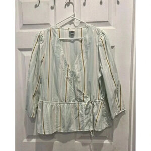 A‎ New Day 100% Cotton Mint Green Striped Faux Wrap Blouse Size Large